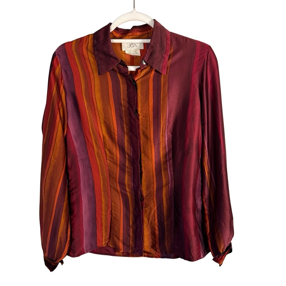 Jax Vintage Burgundy and Orange Striped Button Down Silk Shirt Size 6 Luxury